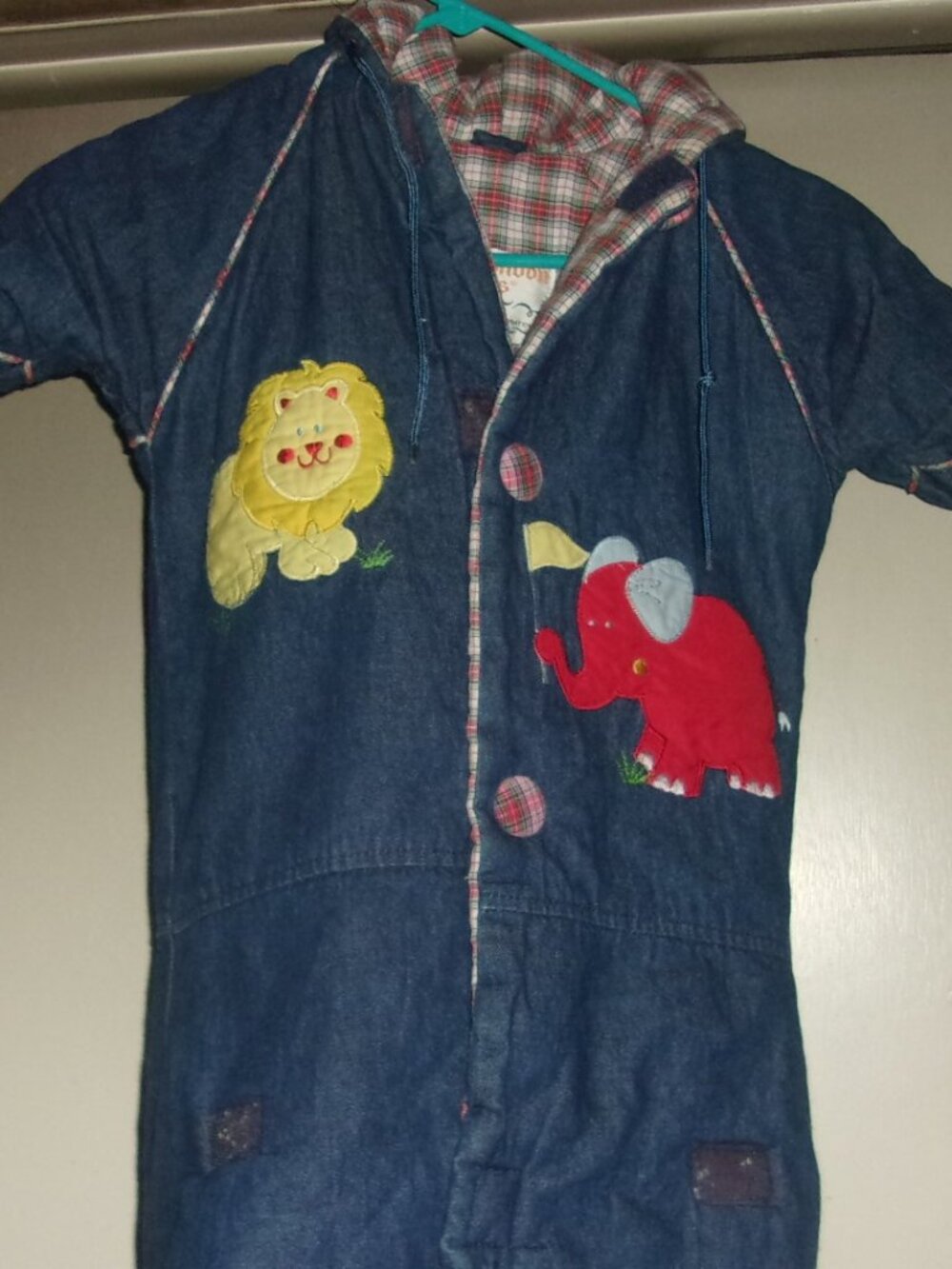 Vtg London Fog Baby Bunting Coat 0-6 Months Denim Hooded Pouch Plaid